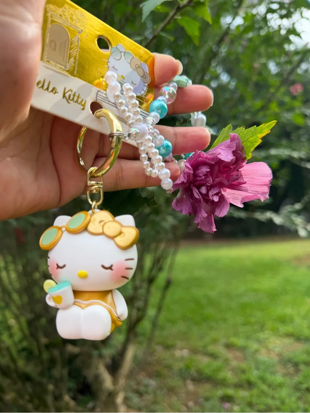 Sanrio Hello Kitty White, Gold & Turquoise Beaded Keychain Charm